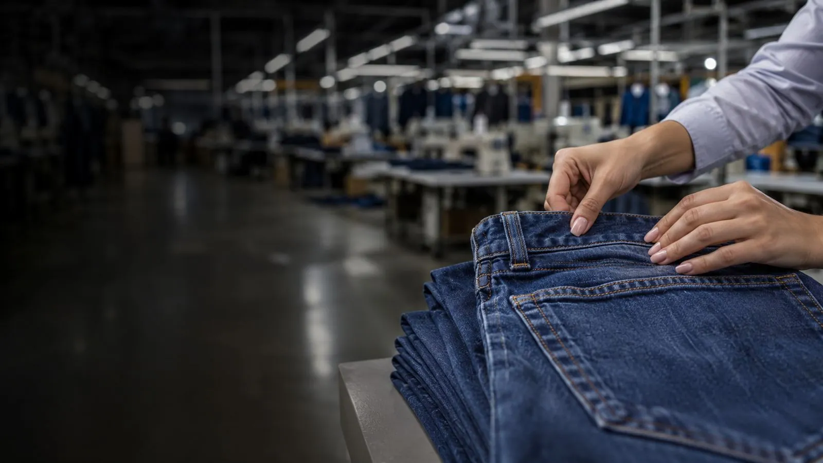 Garment inspection: checking jeans at a factory in Guangdong